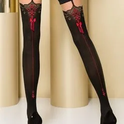 Passion Bas Et Collants Bas Sexy Autofixants Avec Jarretière ST100 Noir Et Rouge - Passion