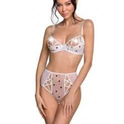 Passion Lingerie Bikini Sexy Seins Nus En Tulle Blanc Floqué De Coeurs Rouge Lovelia - Passion