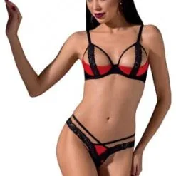 Passion Lingerie Ensemble Bikini Sexy Pour Femme Rouge Satiné Et Dentelle Femmina - Passion