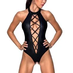 Passion Lingerie Body Ouvert érotique En Faux Cuir Noir Décolleté Profond Nancy - Passion