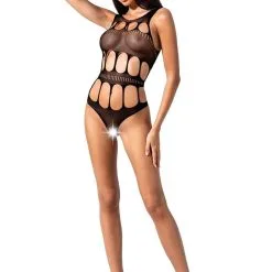 Passion Bodystockings Body Sexy à Bretelles Ouvert Noir En Résille BS083 Taille Unique - Passion