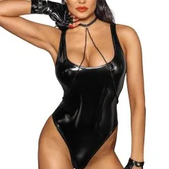 Body échancré Sexy En Vinyle Brillant String F245 - Noir Handmade