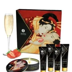 Coffret Cadeau Sexy Huile Et Crème De Massage Pour Couple Vin Pétillant à La Fraise Shunga