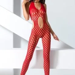 Passion Bodystockings Collant Integrale Femme En Maille Extensible Rouge Ajourée BS065 TU - Passion