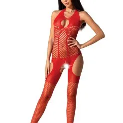 Passion Bodystockings Combinaison Résille Rouge BS079 Body Collant Ouvert Taille Unique- Passion