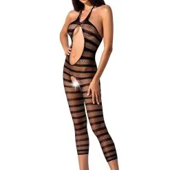 Passion Bodystockings Combinaison Sexy Extensible En Résille Rayée Noire BS081 Taille Unique - Passion