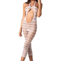Passion Bodystockings Combinaison Sexy Résille Rayée Blanche Ouverte Legging TU BS081 - Passion
