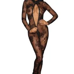 Combinaison Transparente Sexy Intégrale En Tulle Floqué F237 - Noir Handmade