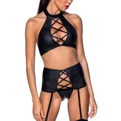 Ensemble Sexy 3 Pièces En Faux Cuir Noir Dos Nu String Ouvert Nancy - Passion Lingerie