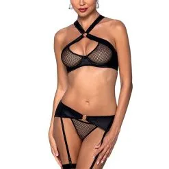 Passion Lingerie Ensemble Sexy 3 Pièces Soutien-gorge + Porte-jarretelles + String - Passion