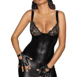 Mini Robe Coquine Zippée Wetlook Et Dentelle F254 - Noir Handmade