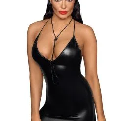 Mini Robe Décolletée En Wetlook Lacée Dans Le Dos F252 - Noir Handmade