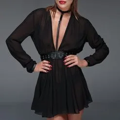 Mini Robe Manche-longue Avec Tour-de-cou Et Ceinture F150 - Noir Handmade