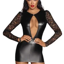 Mini Robe Avec Décolleté Sexy En Wetlook Et Dentelle F253 - Noir Handmade