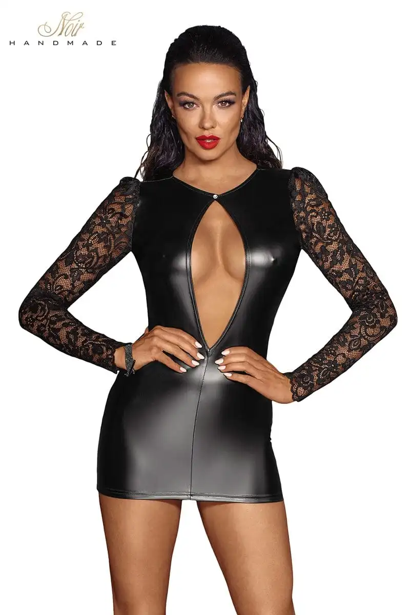 Mini Robe Avec Décolleté Sexy En Wetlook Et Dentelle F253 - Noir Handmade 1 Mini Robe Avec Décolleté Sexy En Wetlook Et Dentelle F253 - Noir Handmade