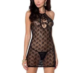 Passion Lingerie Nuisette Sensuelle Noire Transparente En Résille + String Assorti Azalia - Passion