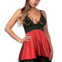 Nuisette Dentelle Avec Jupe Froncée Satin Rouge Lisbeth - Anaïs Lingerie