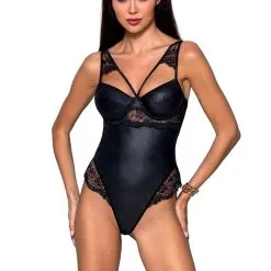 Passion Lingerie Nuisette Sexy Ajustable Et String En Faux Cuir Et Dentelle Loona - Passion