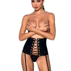 Passion Lingerie Porte-jarretelles Serre Taille Lacé En Faux Cuir Noir Mat Céline - Passion