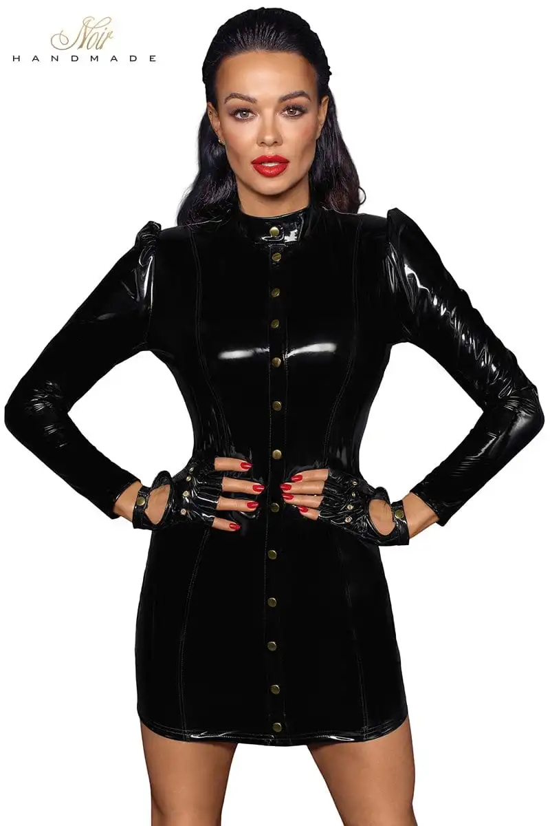 Robe Courte à Manches Longues En Vinyle Brillant F246 - Noir Handmade 1 Robe Courte à Manches Longues En Vinyle Brillant F246 - Noir Handmade