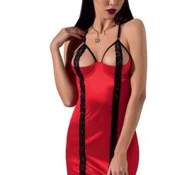 Passion Lingerie Robe Courte Sexy En Tissus Rouge Satiné Et Dentelle Noire Femmina - Passion
