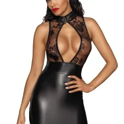 Robe Courte Sexy En Wetlook Et Tulle Floqué Transparent F241 - Noir Handmade