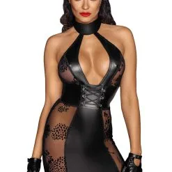 Robe Courte Sexy Pour Femme Dos Nu Tulle Et Wetlook F238 - Noir Handmade